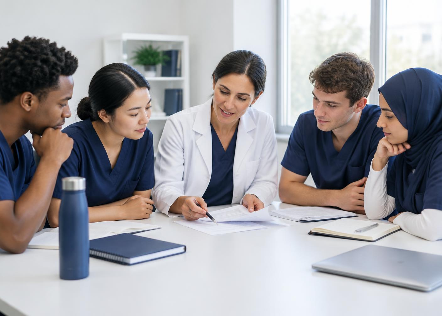 Mentora revisando anotações com estudantes de medicina