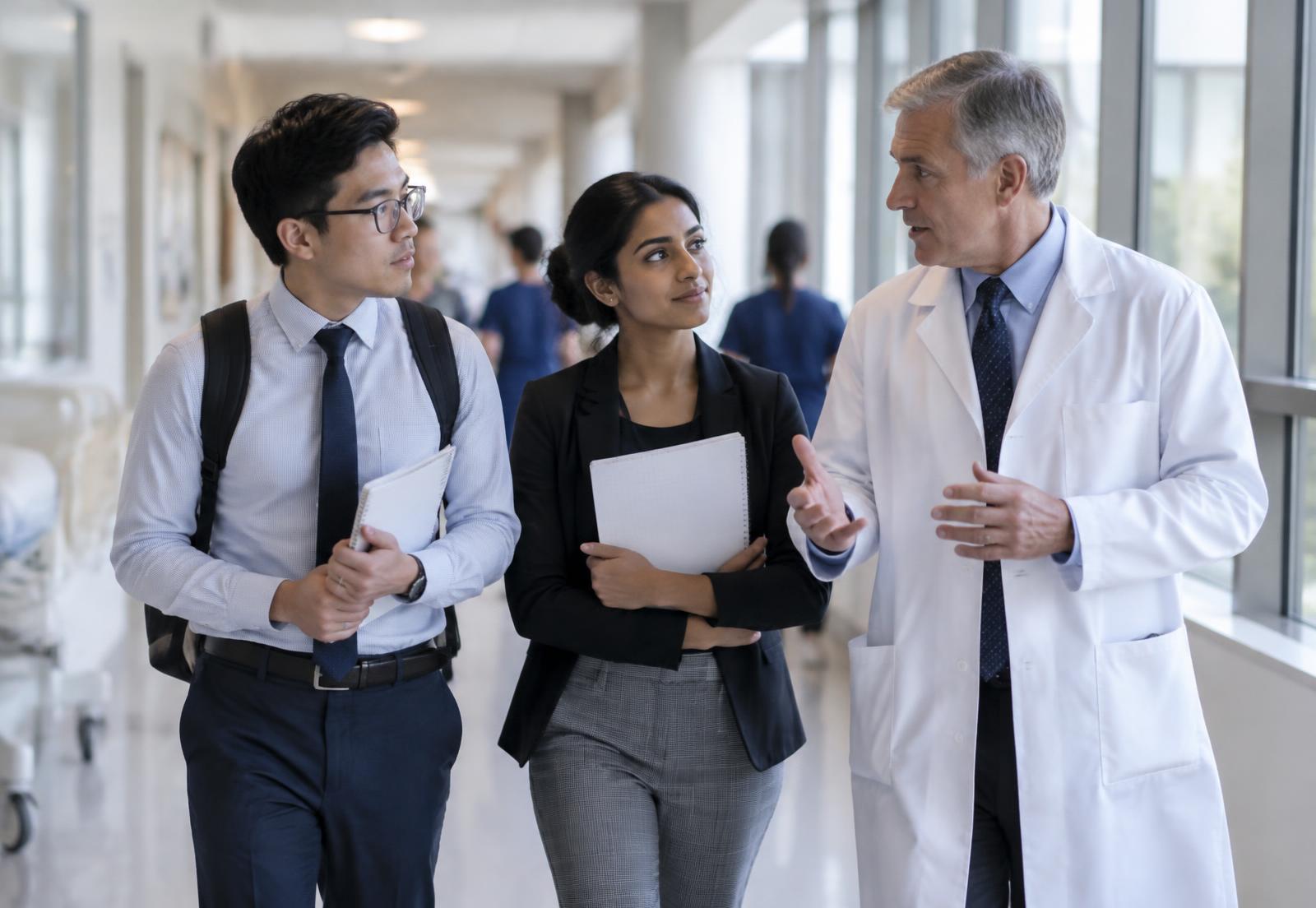 Médico conversando com dois estudantes em um corredor hospitalar